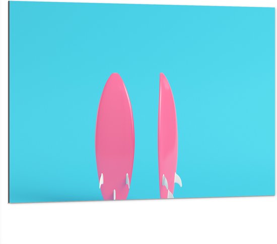 Dibond - Twee Roze Surfboads tegen Felblauwe Achtergrond - 100x75 cm Foto op Aluminium (Met Ophangsysteem)