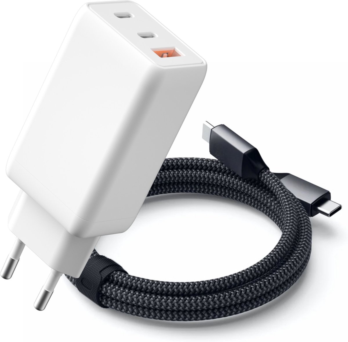 Usb C Adapter 3 Poorten + usb C naar usb C Kabel - GaN 65w Snellader usb-C - 2 Meter Lang - Usb C Stekker Lader Oplader