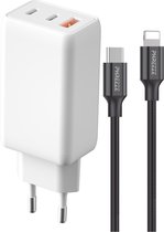 65W 3-Poorts USB C Adapter + Geschikt voor iPhone Oplader Kabel - 1 Meter - 3 Poorten - Voor 14,13,12,11,X,Pro,Max