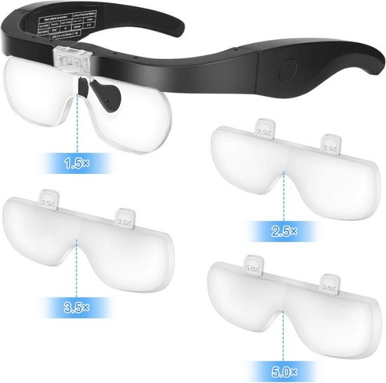 Professionele Loepbril - Overzetbril – loepbril met led verlichting - Vergrotende - Hobby Vergrootglas - vergrootglas bril - Incl. Opbergtasje/Luxe brillendoek/4 Lenzen/USB-Kabel - Vergrootglasbril met Ledverlichting - All&Inclusive