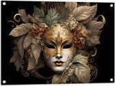 Tuinposter – Venetiaanse carnavals Masker met Gouden en Beige Details tegen Zwarte Achtergrond - 80x60 cm Foto op Tuinposter (wanddecoratie voor buiten en binnen)