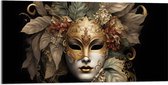 Acrylglas - Venetiaanse carnavals Masker met Gouden en Beige Details tegen Zwarte Achtergrond - 100x50 cm Foto op Acrylglas (Wanddecoratie op Acrylaat)