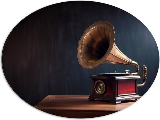 Dibond Ovaal - Antieke Grammofoon op Kast - 80x60 cm Foto op Ovaal (Met Ophangsysteem)