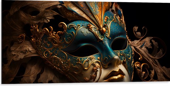 Dibond - Venetiaanse carnavals Masker met Blauwe en Gouden Details tegen Zwarte Achtergrond - 100x50 cm Foto op Aluminium (Wanddecoratie van metaal)