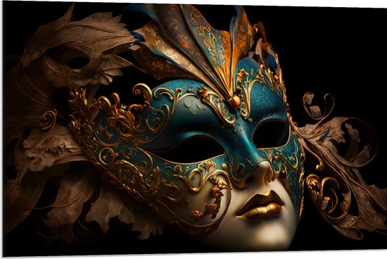 Dibond - Venetiaanse carnavals Masker met Blauwe en Gouden Details tegen Zwarte Achtergrond - 90x60 cm Foto op Aluminium (Met Ophangsysteem)