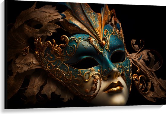 Canvas - Venetiaanse carnavals Masker met Blauwe en Gouden Details tegen Zwarte Achtergrond - 120x80 cm Foto op Canvas Schilderij (Wanddecoratie op Canvas)