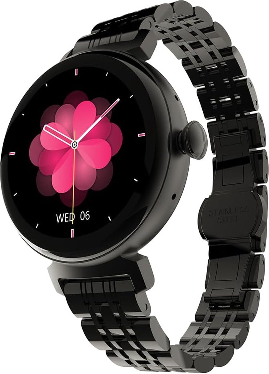 HiFuture Aura Smartwatch dames, 1,08 inch roestvrijstalen AMOLED-display, Stappenteller, Hartslagmeter, polshartslagmeter, echte Sp02-sensoren, IP68 waterdicht, activiteitenteller, magnetische lading compatibel met Android en iOS, kleur (Zwart)