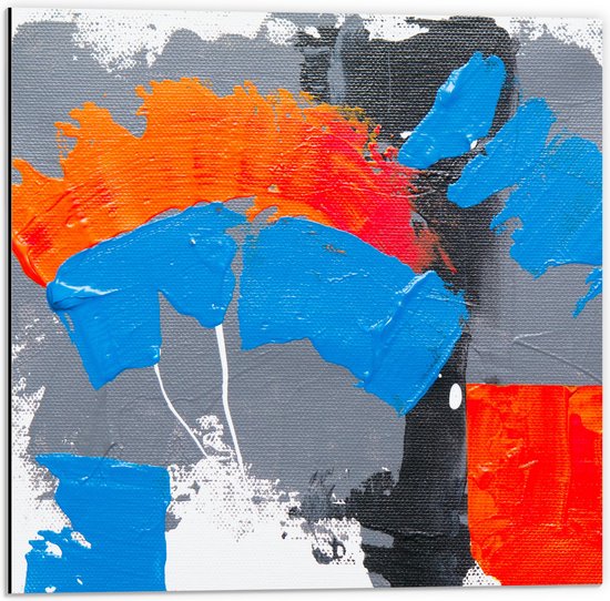 Dibond - Oranje, Rode Blauwe en Grijze Verfvlekken op Witte Achtergrond - 50x50 cm Foto op Aluminium (Met Ophangsysteem)