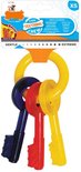 Verpakking met gele, rode en blauwe sleutel speeltjes, met 'Puppy Teething Chew' en 'Bacon flavour'.