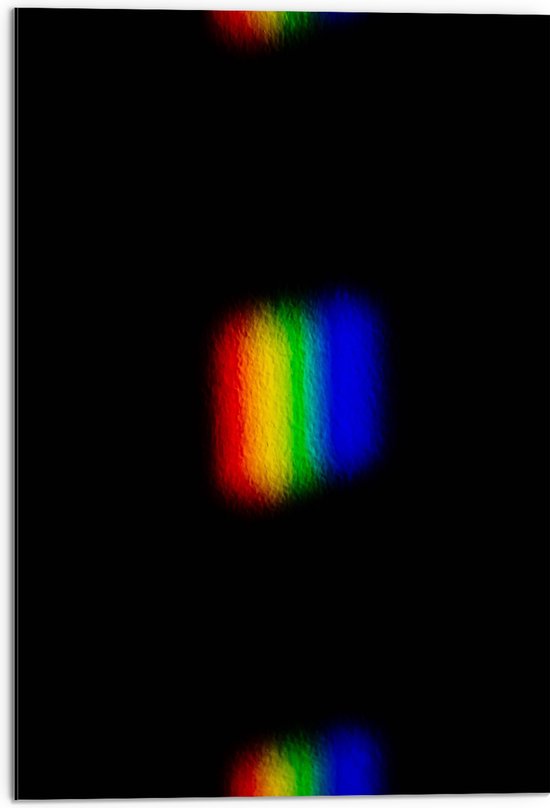 Dibond - Regenboogkleurige Vlekjes op Zwarte Achtergrond - 50x75 cm Foto op Aluminium (Wanddecoratie van metaal)