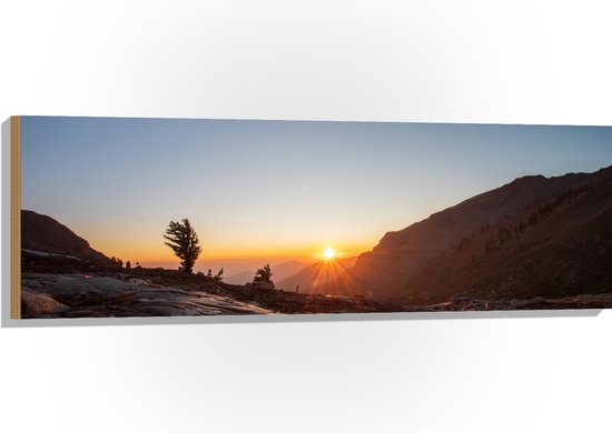 Hout - Bergen - Stenen - Bomen - Zon - Zonsondergang - Kleuren - 120x40 cm - 9 mm dik - Foto op Hout (Met Ophangsysteem)