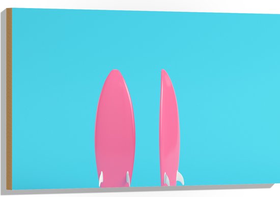 Hout - Twee Roze Surfboads tegen Felblauwe Achtergrond - 90x60 cm - 9 mm dik - Foto op Hout (Met Ophangsysteem)