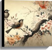 Canvas - Tekening van Tak met Vogels en Bloemen - 40x40 cm Foto op Canvas Schilderij (Wanddecoratie op Canvas)