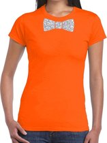 Oranje fun t-shirt met vlinderdas in glitter zilver dames - Koningsdag shirt met strikje S
