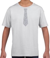 Wit fun t-shirt met stropdas in glitter zilver kinderen - feest shirt voor kids 122/128