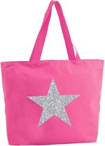 Zilveren ster glitter shopper tas - fuchsia roze - 47 x 34 x 12,5 cm - boodschappentas / strandtas