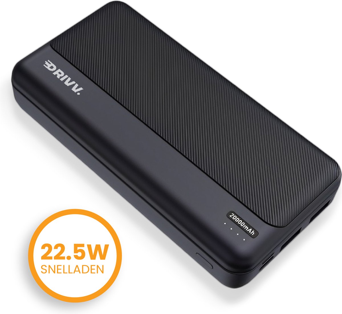 Drivv. Powerbank 20.000 mAh - 22.5W snellader - Fast Charge USB 3.0 - USB C - O.a. Samsung / iPhone / meer - Zwart