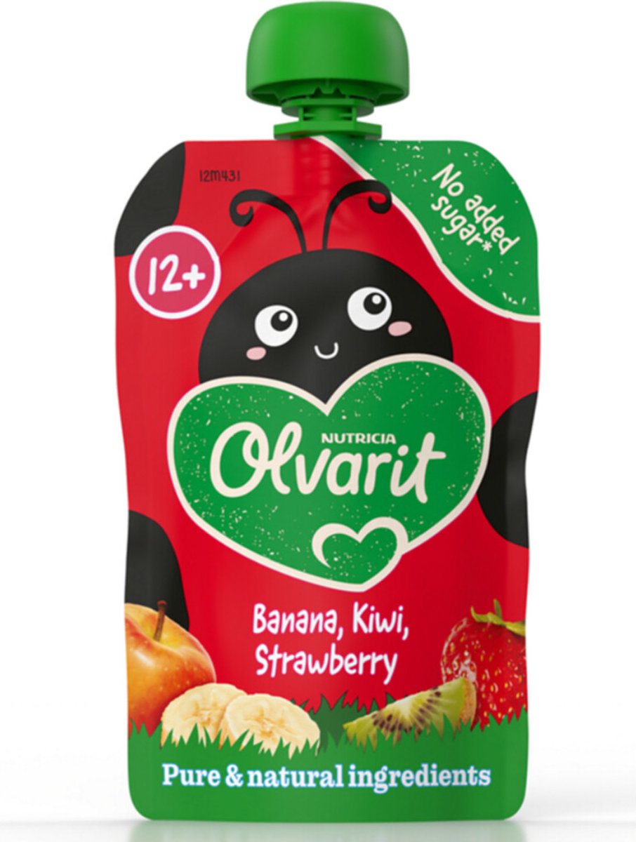 Goedkoopste Olvarit Knijpfruit 12 m Aardbei Banaan Kiwi 100 gr - 6x 100 gr - Voordeelverpakking