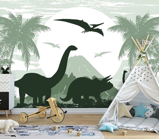 Papier peint photo Peint Intissé - Dinosaures Verts - Dino's - 208 x 146 cm