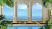 Fotobehang - Vlies Behang - Tropisch Uitzicht op Zee door de Pilaren - 3D - 208 x 146 cm