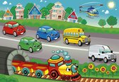 Fotobehang - Vlies Behang - Gekleurde Auto's, Helikopter en Trein - Kinderbehang - 312 x 219 cm