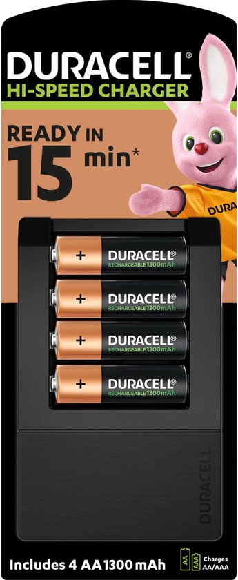Duracell batterijlader – laadt op in 15 minuten, inclusief 4 aa batterijen