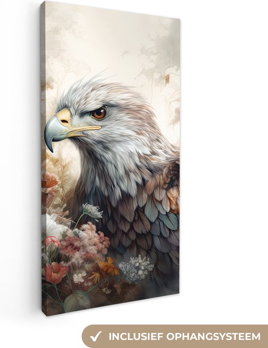 Canvas Schilderij Arend - Adelaar - Vogel - Bloemen - Natuur - 40x80 cm - Wanddecoratie