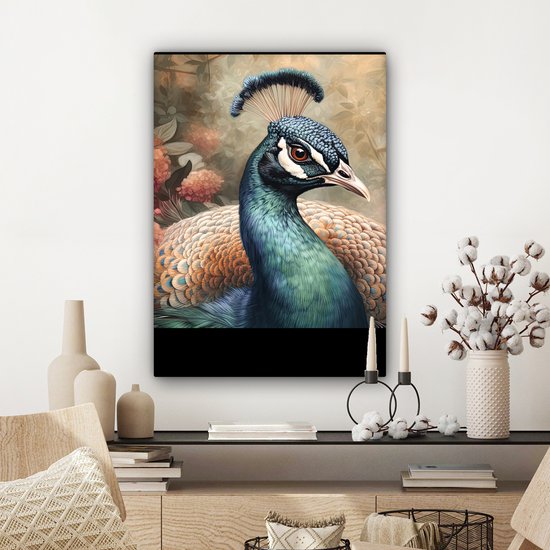 Tableau sur toile Paon - Vogel - Fleurs - Plantes - Plumes de Paon - 80x60 cm - Décoration murale