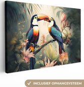 Canvas Schilderij Toekan - Vogels - Bloemen - Natuur - Jungle - 120x80 cm - Wanddecoratie