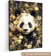 Tableau sur toile Panda - Ours panda - Animaux sauvages - Nature - Fleurs - 90x120 cm - Décoration murale