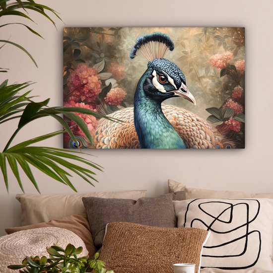 Tableau sur toile Paon - Vogel - Fleurs - Plantes - Plumes de Paon - 60x40 cm - Décoration murale