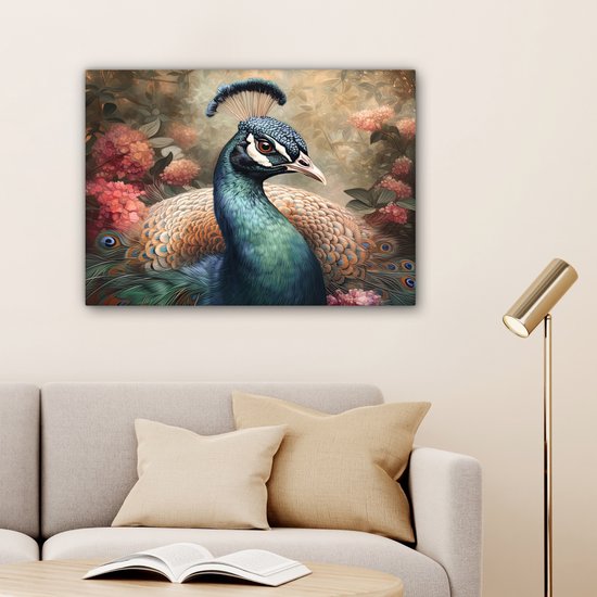 Tableau sur toile Paon - Vogel - Fleurs - Plantes - Plumes de Paon - 80x60 cm - Décoration murale