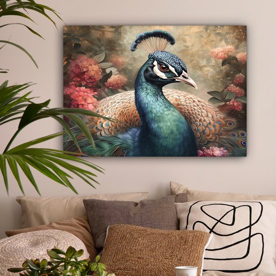 Tableau sur toile Paon - Vogel - Fleurs - Plantes - Plumes de Paon - 80x60 cm - Décoration murale