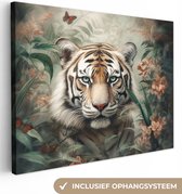 Canvas Schilderij Tijger - Vlinders - Dieren - Jungle - Bloemen - 80x60 cm - Wanddecoratie