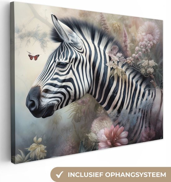 Tableau sur toile Zebra - Animaux sauvages - Papillon - Fleurs - 80x60 cm - Décoration murale