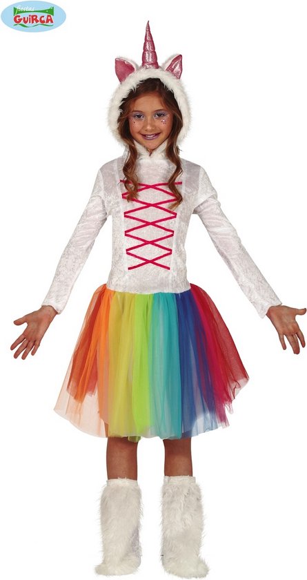 Eenhoorn dieren jurkje wit met regenboog voor meisjes - Carnavaloutfits/verkleedkleding voor meisjes jaar
