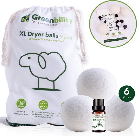 Greenbility XL Drogerballen met Vanille Olie – Wasdrogerballen – Energiebesparend – Wol – Minder lang drogen – Wit – Droogballen voor wasdroger – Set van 6