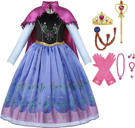 Prinsessenjurk meisje - Anna jurk - Verkleedkleding meisje - Het Betere Merk - Lange roze cape - Maat 110/116 (120) - Carnavalskleding - Kroon - Toverstaf - Juwelenset - Lange handschoenen - Verkleedkleren - Kleed