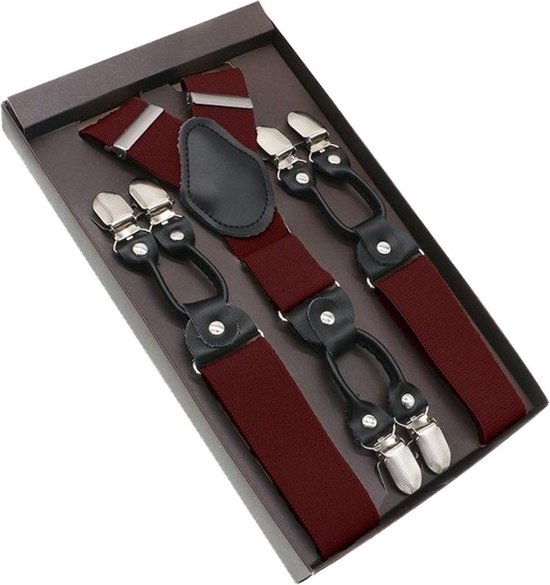 Luxe chique bretels - wijnrood effen - Sorprese - zwart leer - 6 stevige clips - heren - unisex
