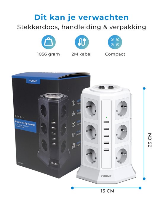 Voomy XL Stekkerdoos met Schakelaar - 5 USB Laders - 12 Stopcontacten - Wit