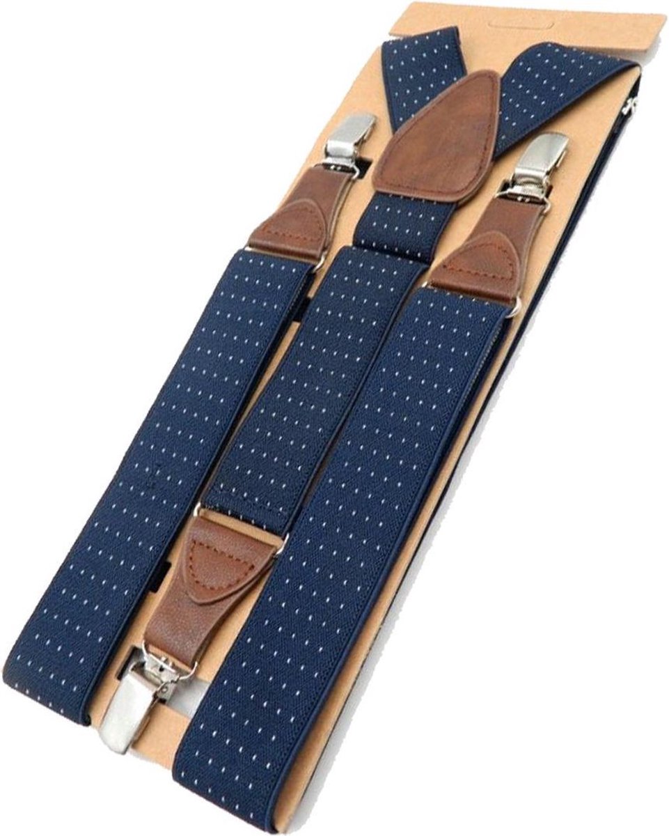 Luxe chique bretels – blauw met witte stip design – Sorprese – 3 extra stevige clips – met bruin leer – heren