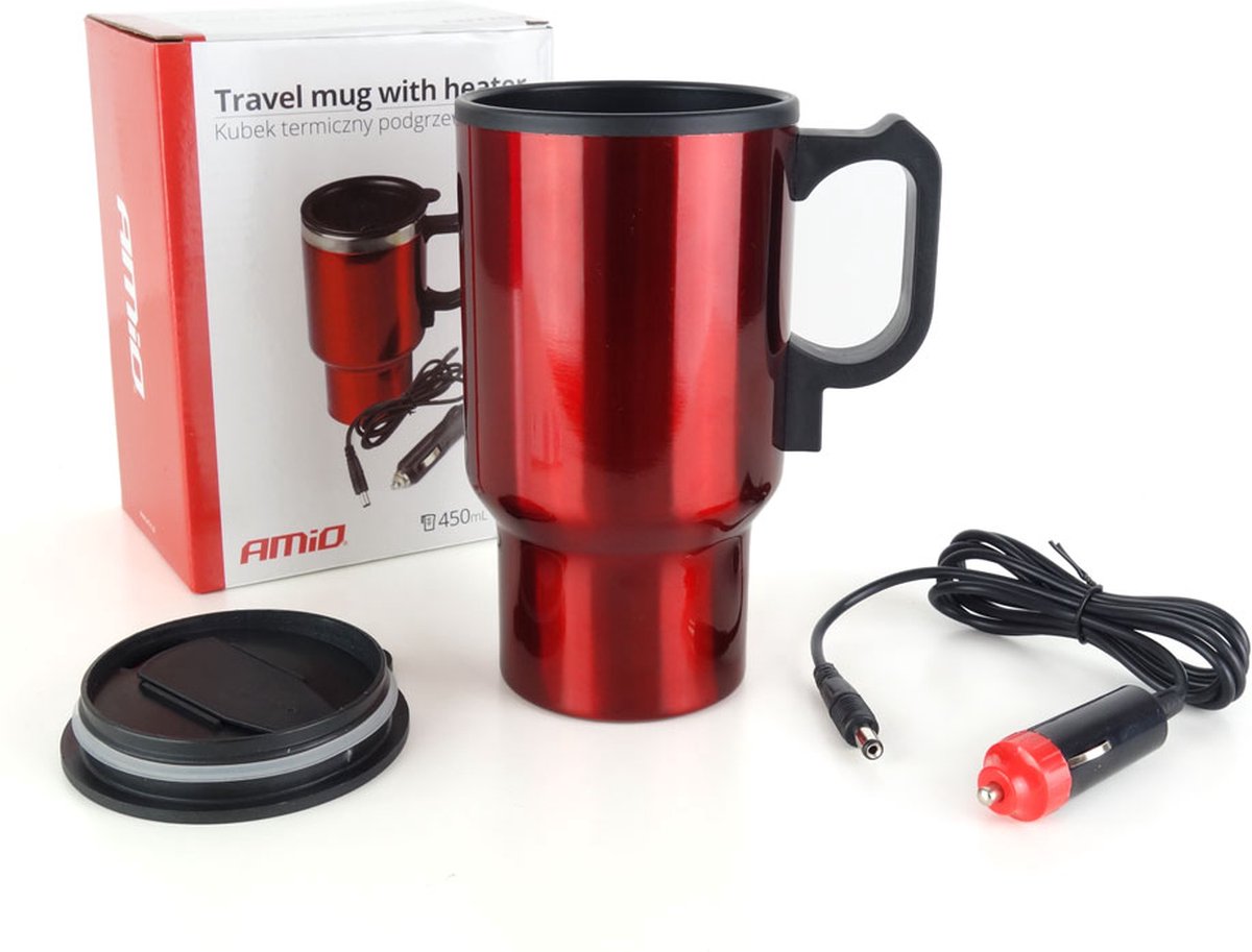 AMiO Auto Koffie/Thee Verwamer Thermisch (12v) Rood met Autostekker Sigarettenaanstekerplug