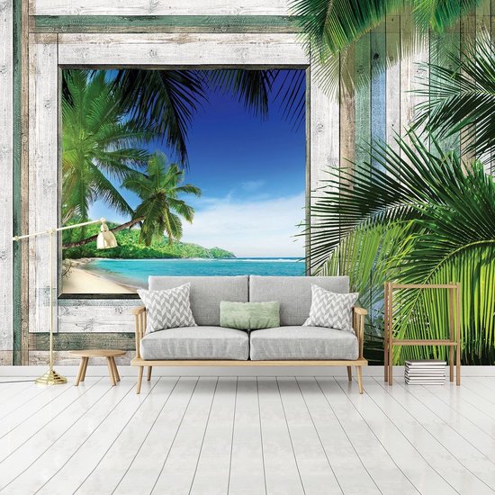 Papier peint photo Peint Intissé - Vue Tropicale 3D des Palmiers, de la Plage et de la Mer à travers la Fenêtre en Bois - 254 x 184 cm