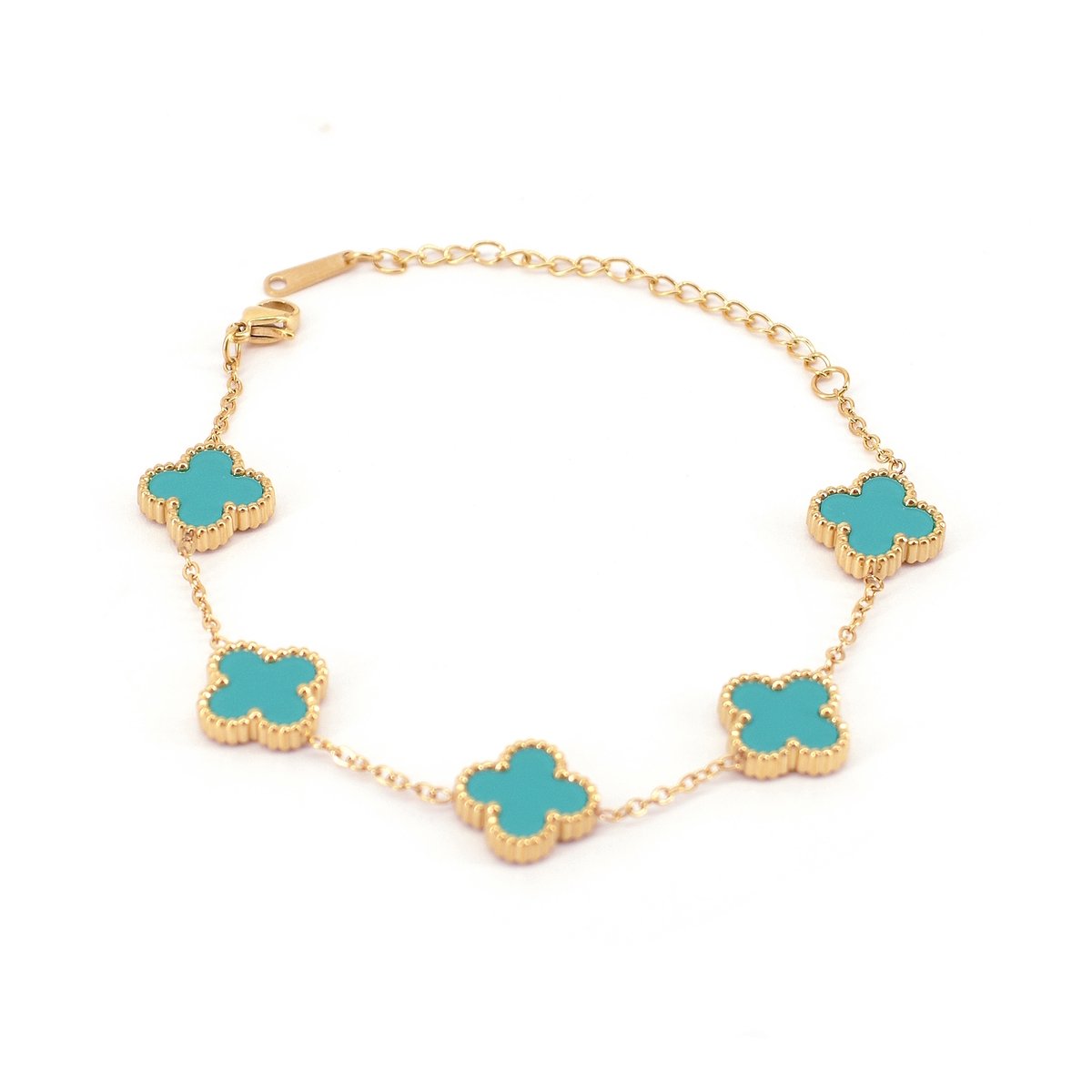Clover Armband - Turquoise/Goud | 21,5 cm | Stainless Steel | Fashion Favorite