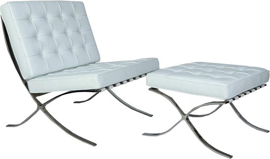 Barcelona Chair + Hocker - Wit - RVS - Set