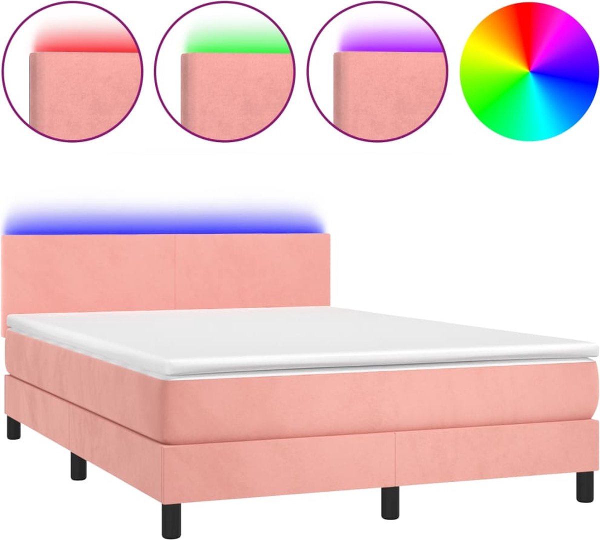 vidaXL - Boxspring - met - matras - en - LED - fluweel - roze - 140x200 - cm