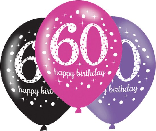 Ballonnen 60 Jaar Happy Birthday Roze 27,5cm 6st