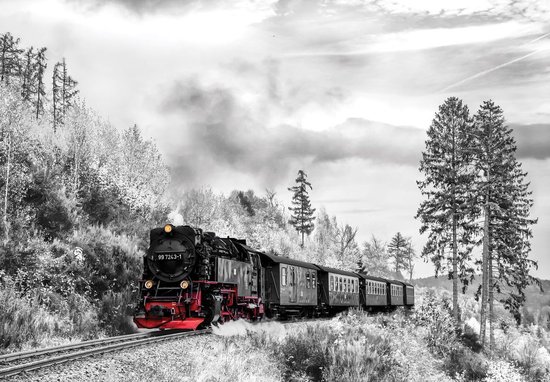 Fotobehang - Vlies Behang - Stoomlocomotief in de Bergen - Trein - 254 x 184 cm