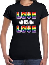 Bellatio Decorations Gay Pride t-shirt met tekst - dames - zwart - love is love - LHBTI/LHBTIQ L