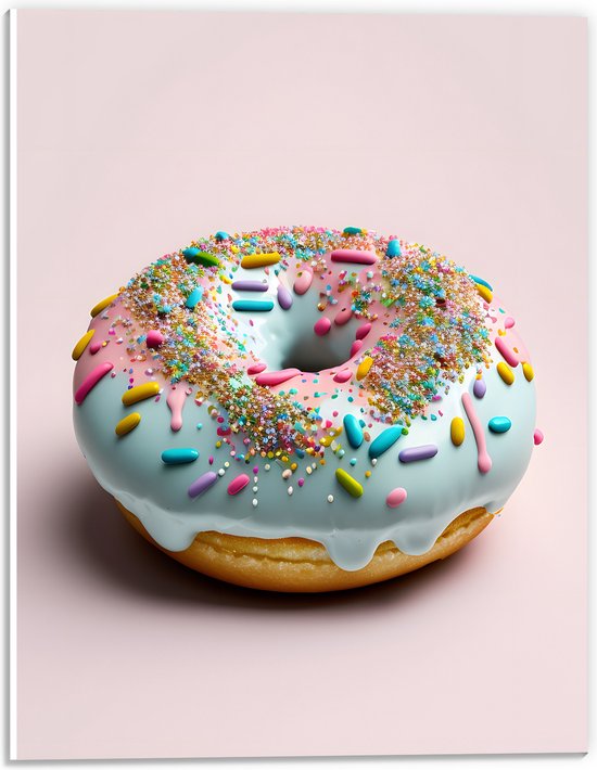 PVC Schuimplaat- Donut met Blauwe Glazuur met Sprinkles tegen Lichroze Achtergrond - 30x40 cm Foto op PVC Schuimplaat